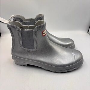 Hunter Cosmic Ankle Boots Women Size 10 Silver Metallic Sparkle Waterproof Gloss